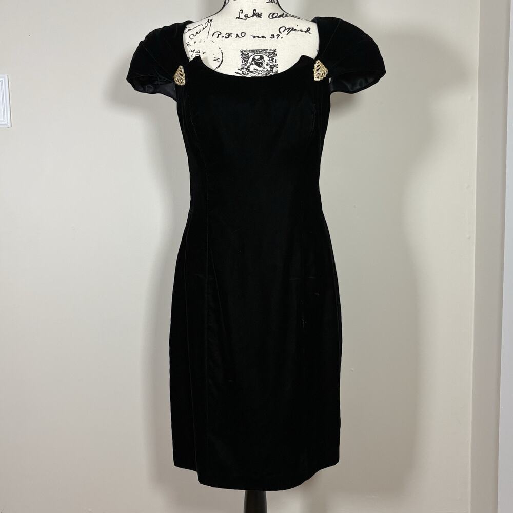 VTG 80s Night Way Black Velvet Cocktail Dress Gold Accents Cutout Whimsygoth 10